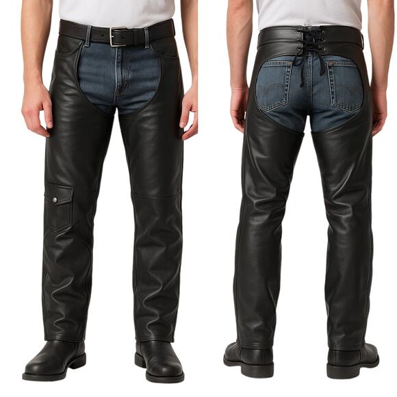 Moto BOSS Black Leather Motorcycle Chaps L - Picture 1 of 9